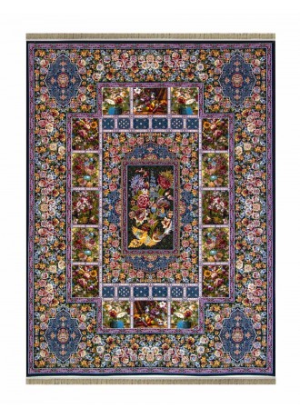 فرش ماشینی 1000 شانه طرح باغ ارم زمینه سرمه ای